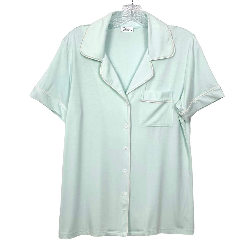 NWOT JOYARIA Pajama Top Women M Blue White Trim Short Sleeve Button Up Collar